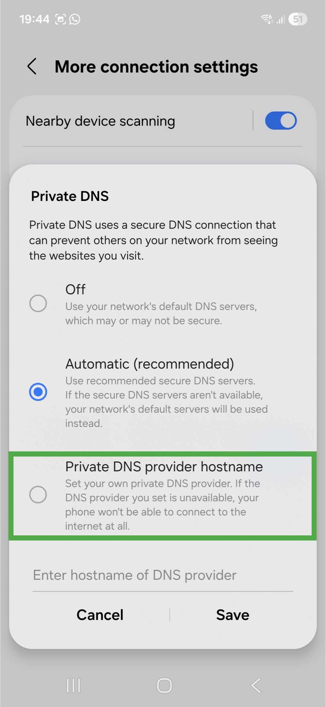 Private DNS popup window on Android. The "Private DNS provider hostname" option is highlighted.
