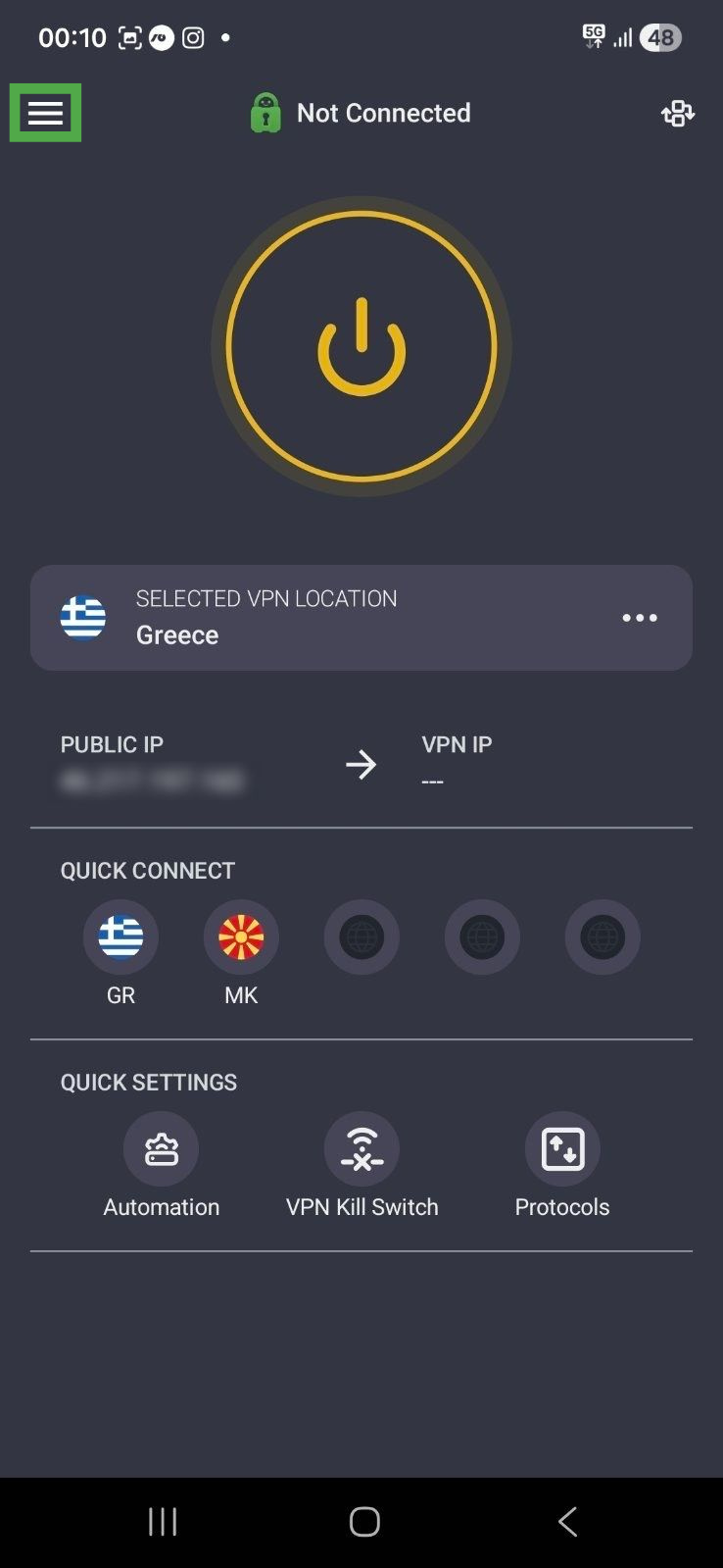 Private Internet Access app interface on Android, showing the main connection screen. The hamburger menu icon is highlighted.