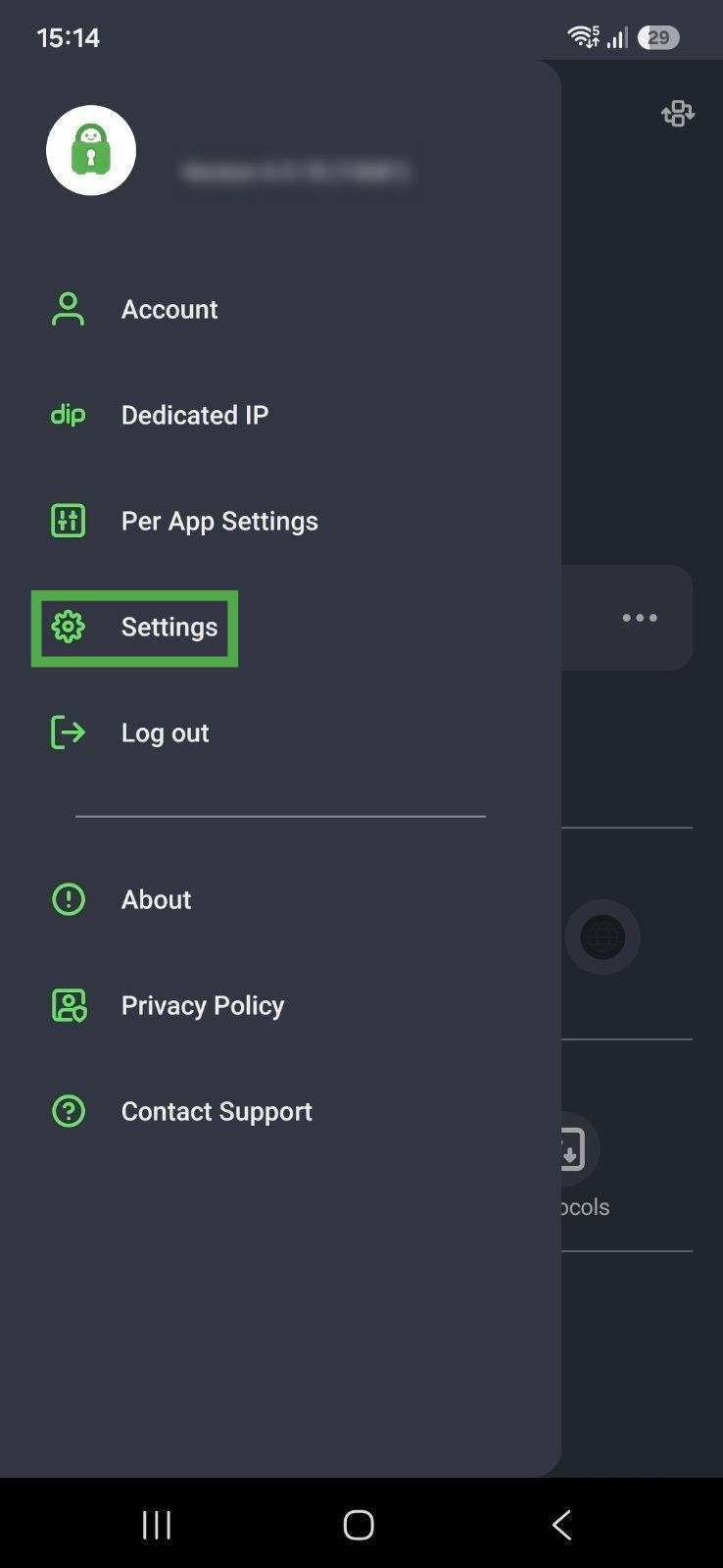 Private Internet Access app interface on Android, showing the main connection screen. The hamburger menu icon is highlighted.