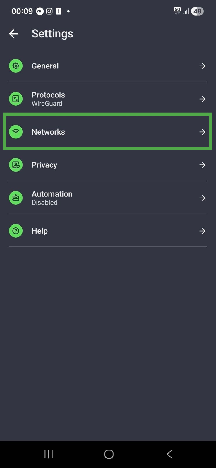 Private Internet Access app interface on Android, showing the settings menu. The "Networks" option is highlighted.