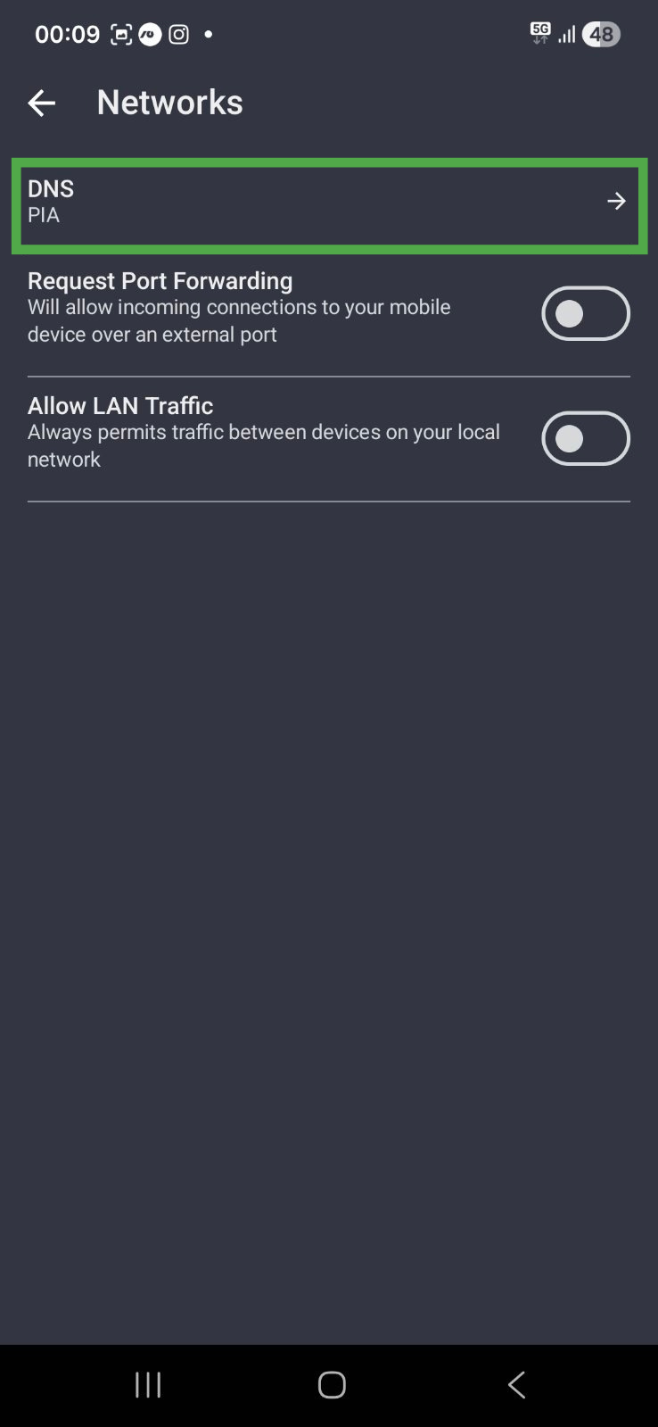 Private Internet Access app interface on Android, showing the Networks page. The "DNS" option is highlighted.