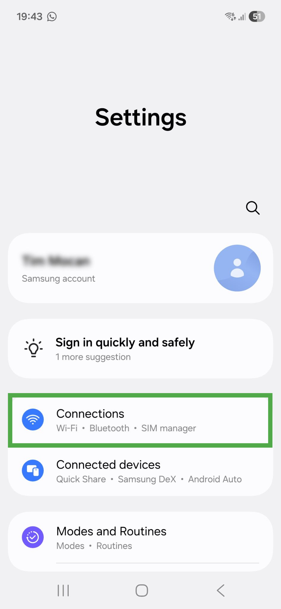 Settings app on Android, showing a highlighted "Connections" button.