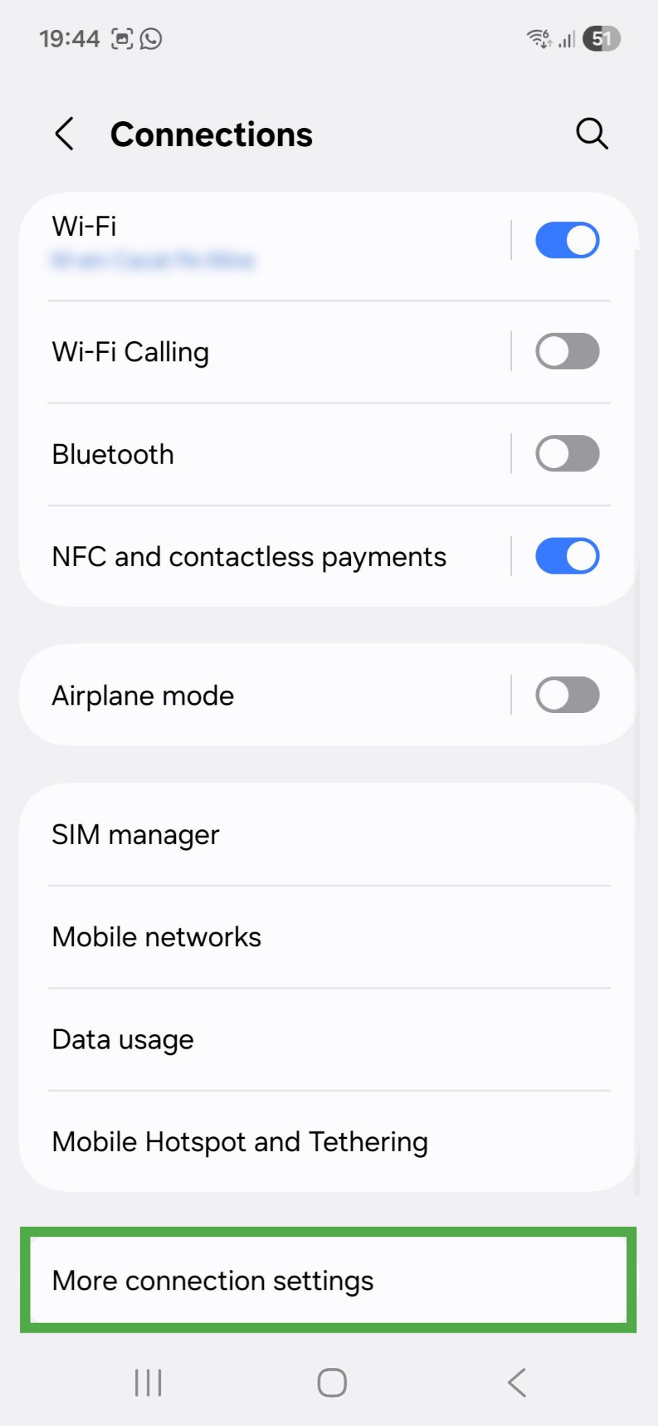 Connections page on Android, showing a highlighted "More connection settings" option.