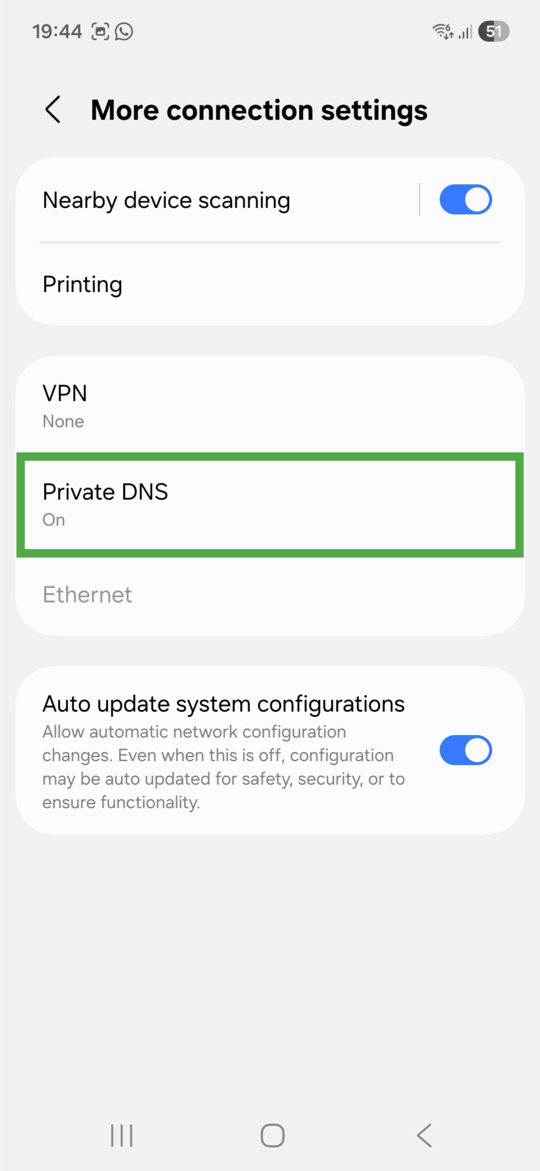 "More connection settings" page on Android, showing a highlighted "Private DNS" option.