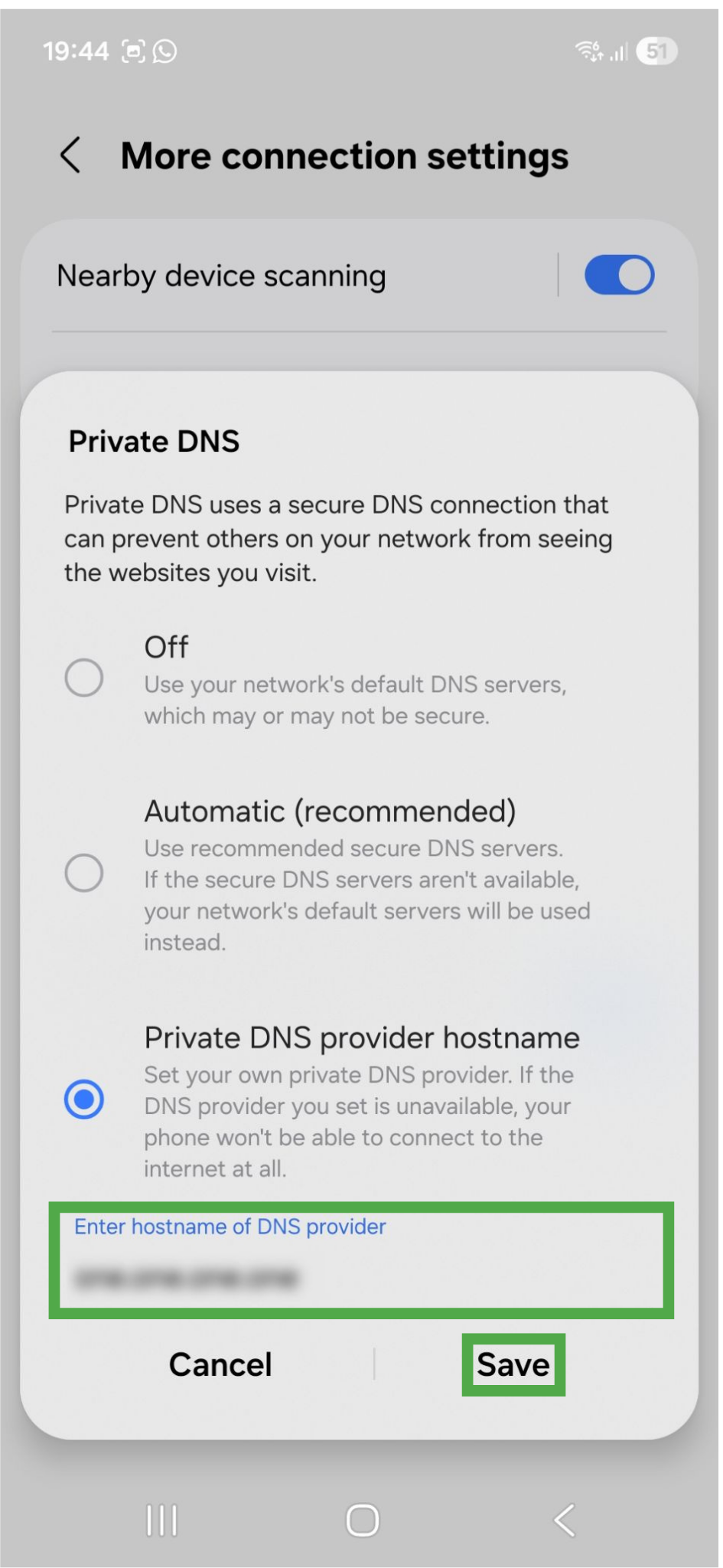 Private DNS popup window on Android. The "Enter hostname of DNS provider" field and "Save" button are highlighted.