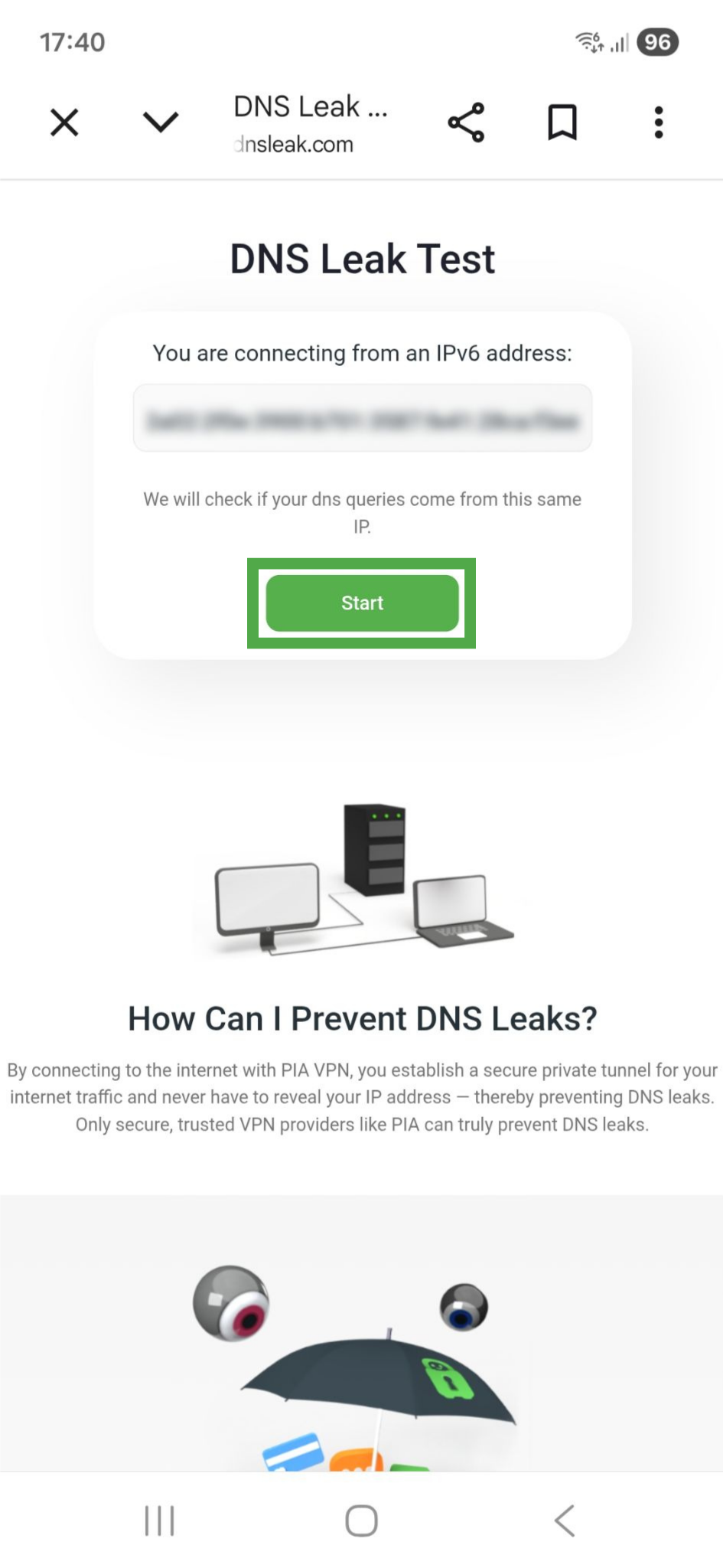 Private Internet Access DNS leak test tool on Android, showing a highlighted "Start" button.