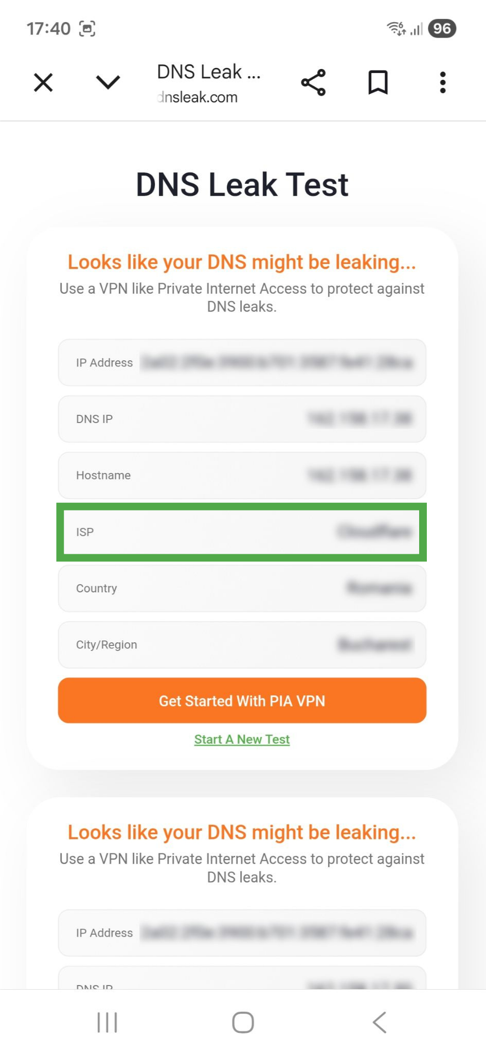 Results for Private Internet Access's DNS leak test on Android. The "ISP" field is highlighted.