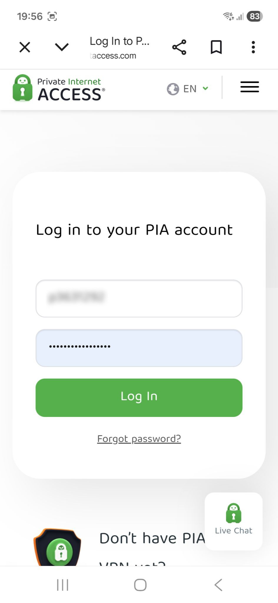 Private Internet Access login screen on Chrome on an Android.