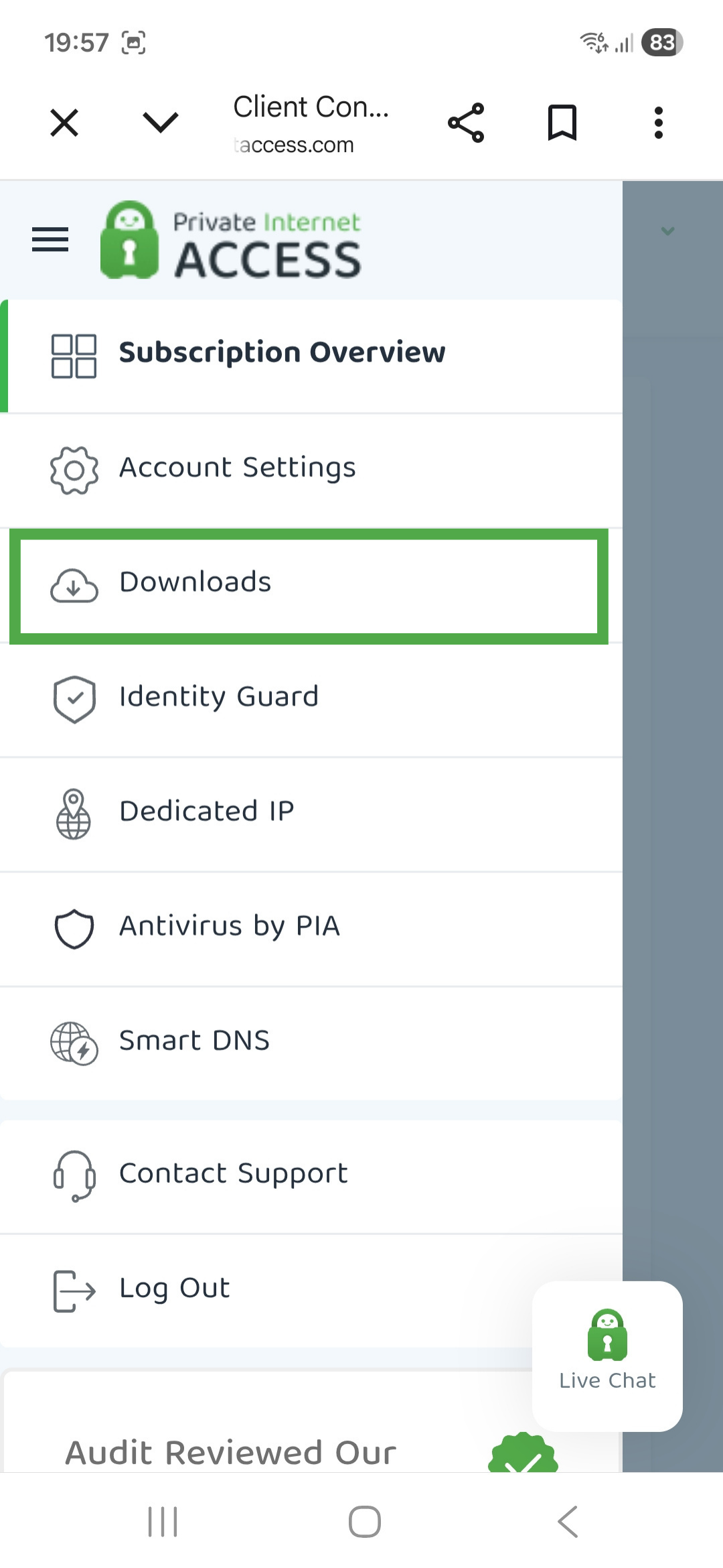 Private Internet Access account dashboard on Android, showing the Subscription Overview menu. The "Downloads" option is highlighted
