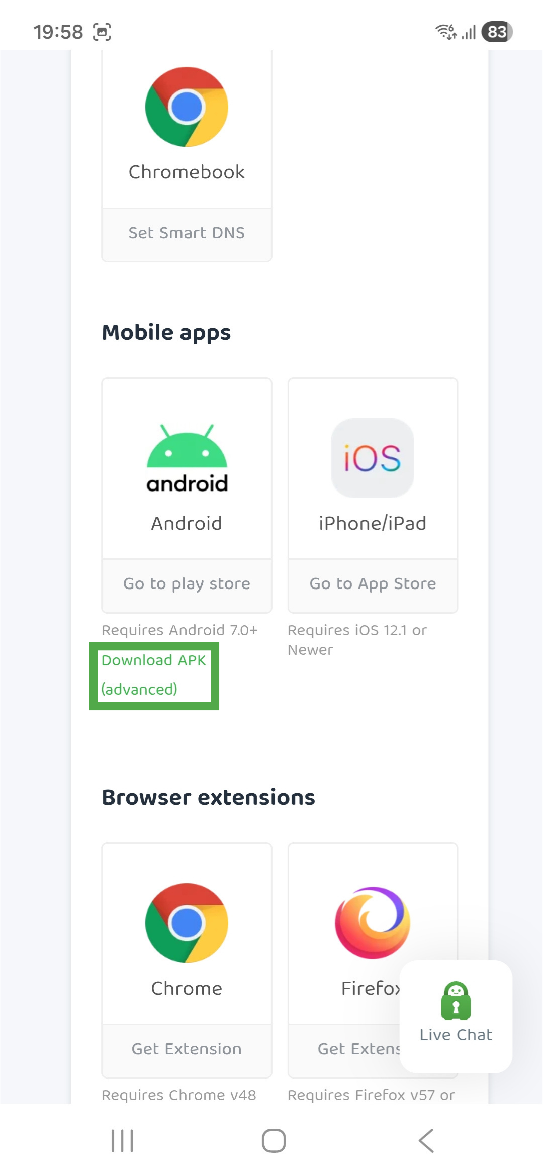 Private Internet Access account dashboard on Android, showing download options. The "Download APK (advanced" option is highlighted.