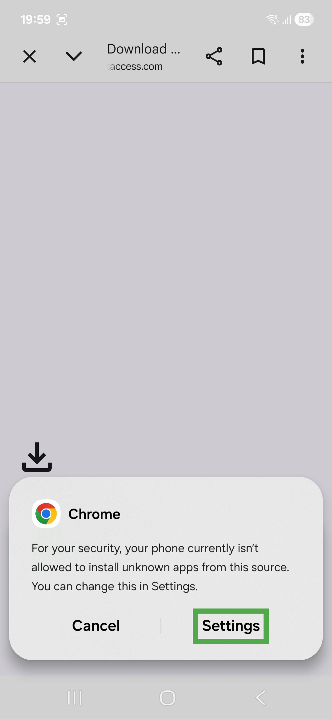 Prompt to enable permission to install unknown apps for the Chrome browser on Android. The "Settings" button is highlighted.