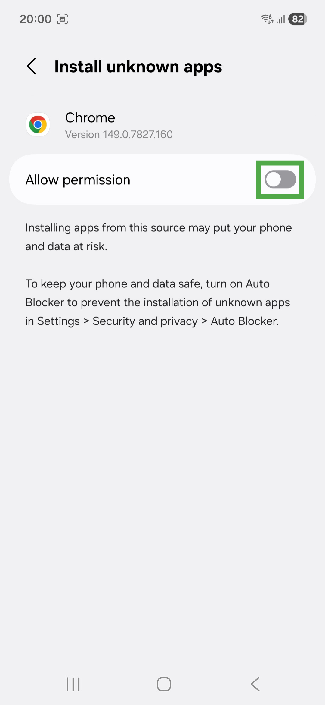 Android page for installing unknown apps from the Chrome browser. The on and off toggle is highlighted.
