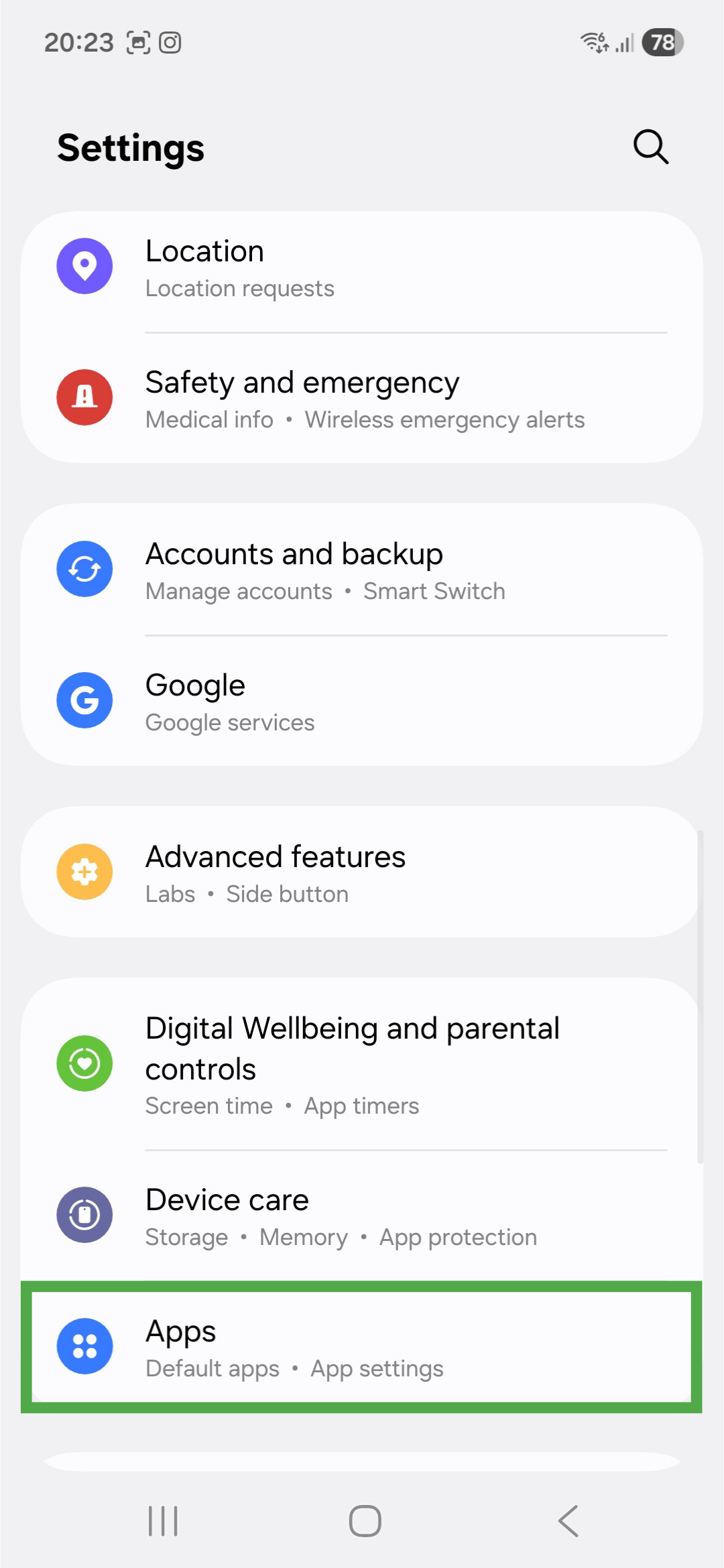 Settings app on Android, showing a highlighted "Apps" option.