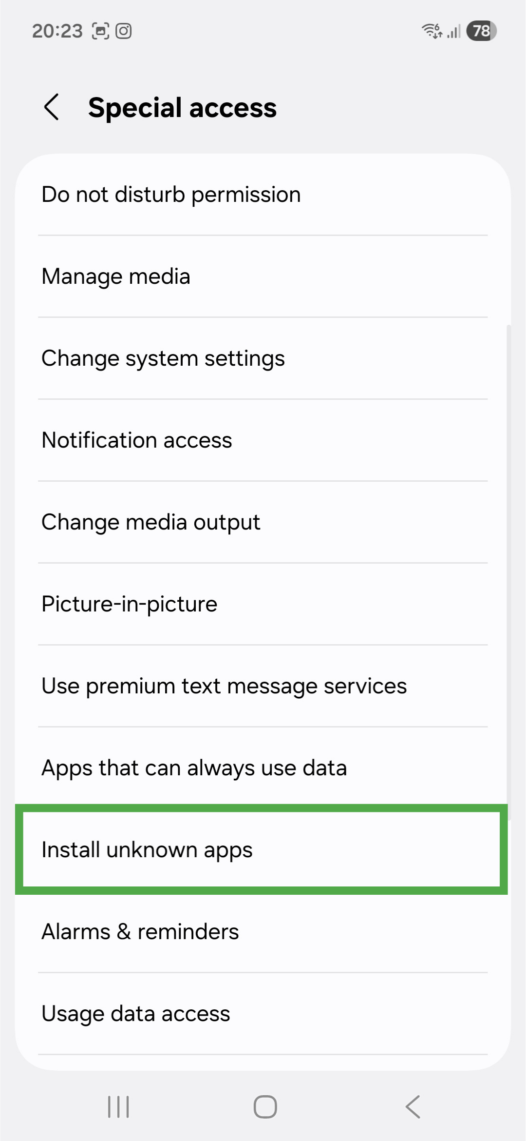 Special access window on Android, with a highlighted "Install unknown apps" option.