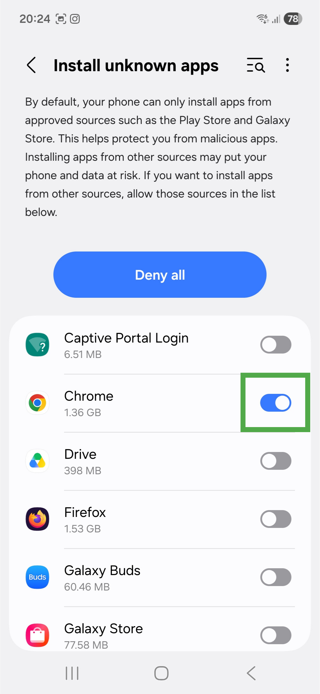 Install unknown apps window on Android. The on and off toggle for the Chrome browser is highlighted.