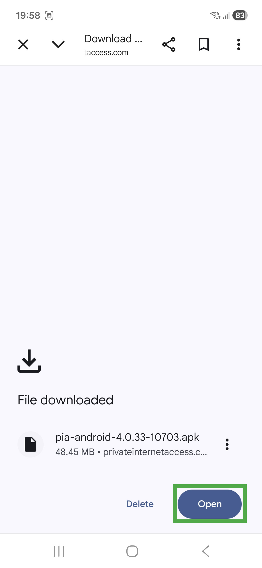 Prompt to open a downloaded APK file on Android, showing a highlighted "Open" button.