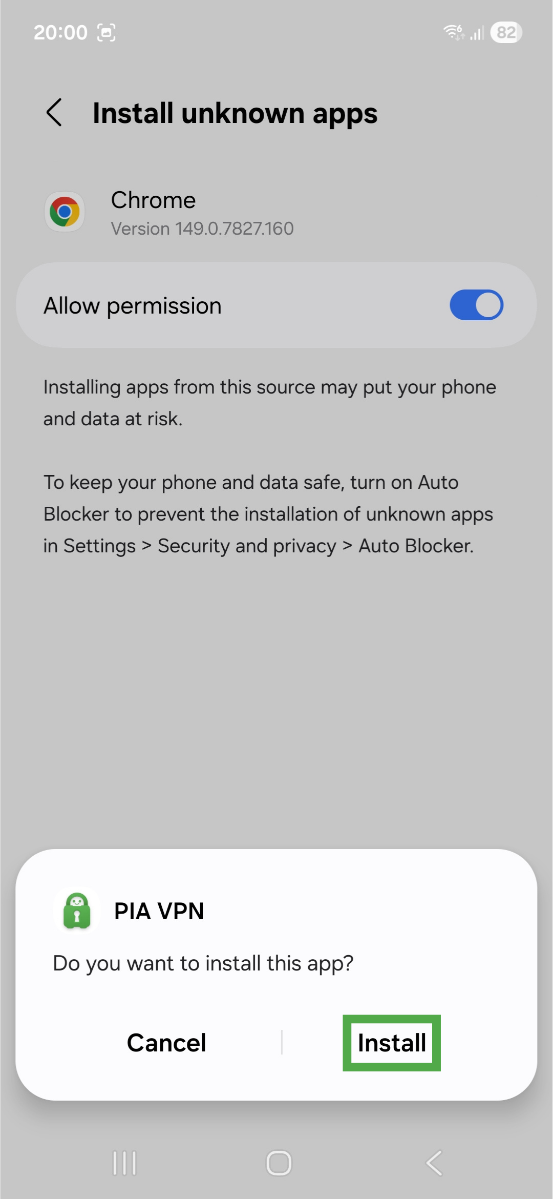 Android page for installing unknown apps from the Chrome browser, showing an installation prompt for an APK app. The "Install" button is highlighted.