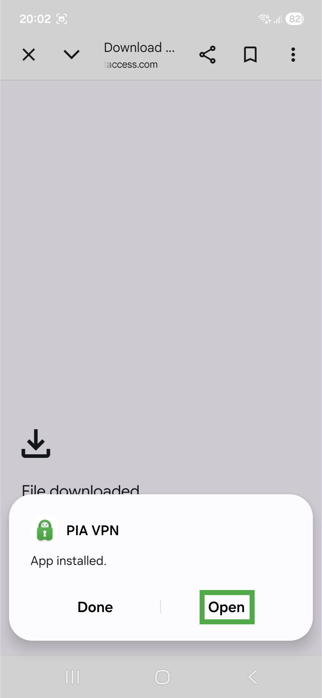 Prompt showing an APK app has been installed on Android, with a highlighted "Open" button.