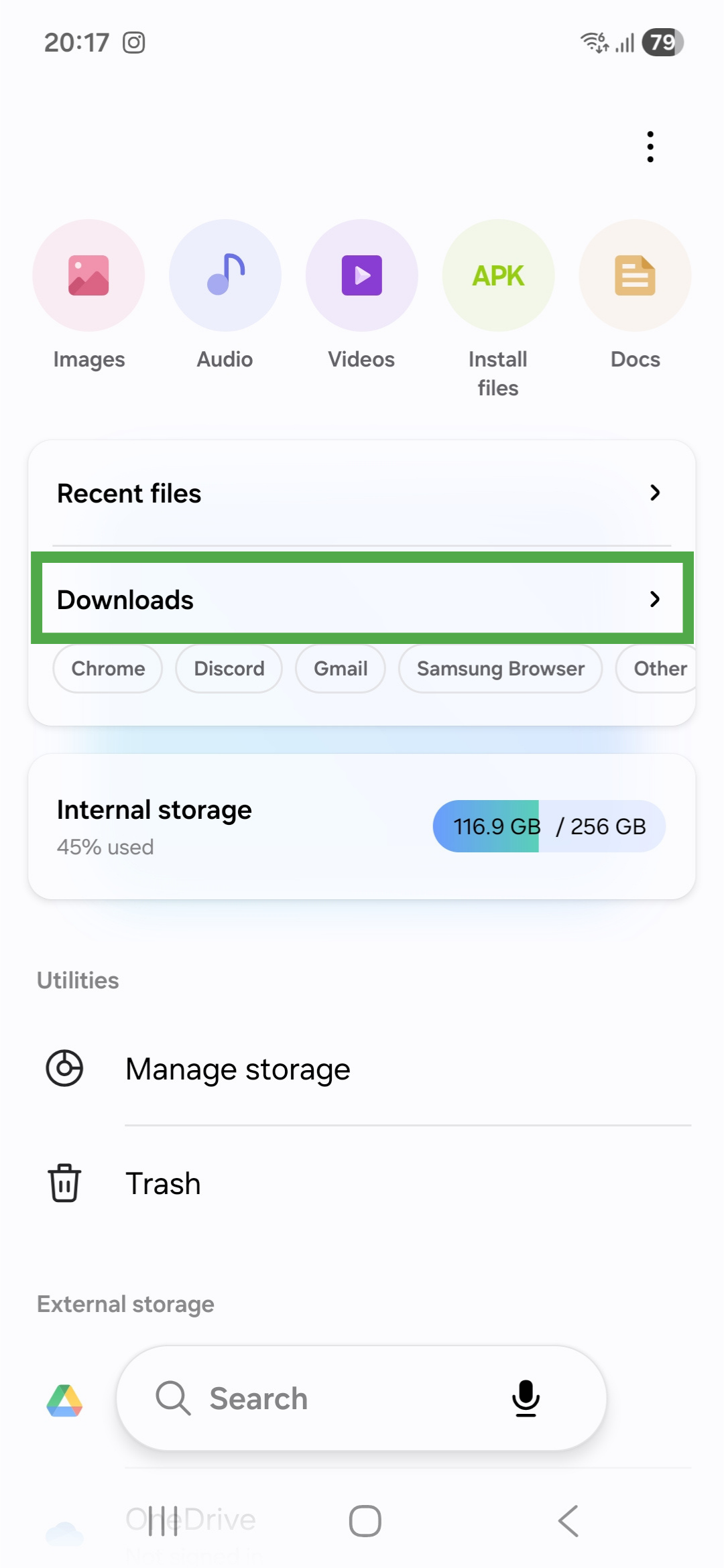 My Files app on Android. The "Downloads" widget is highlighted.