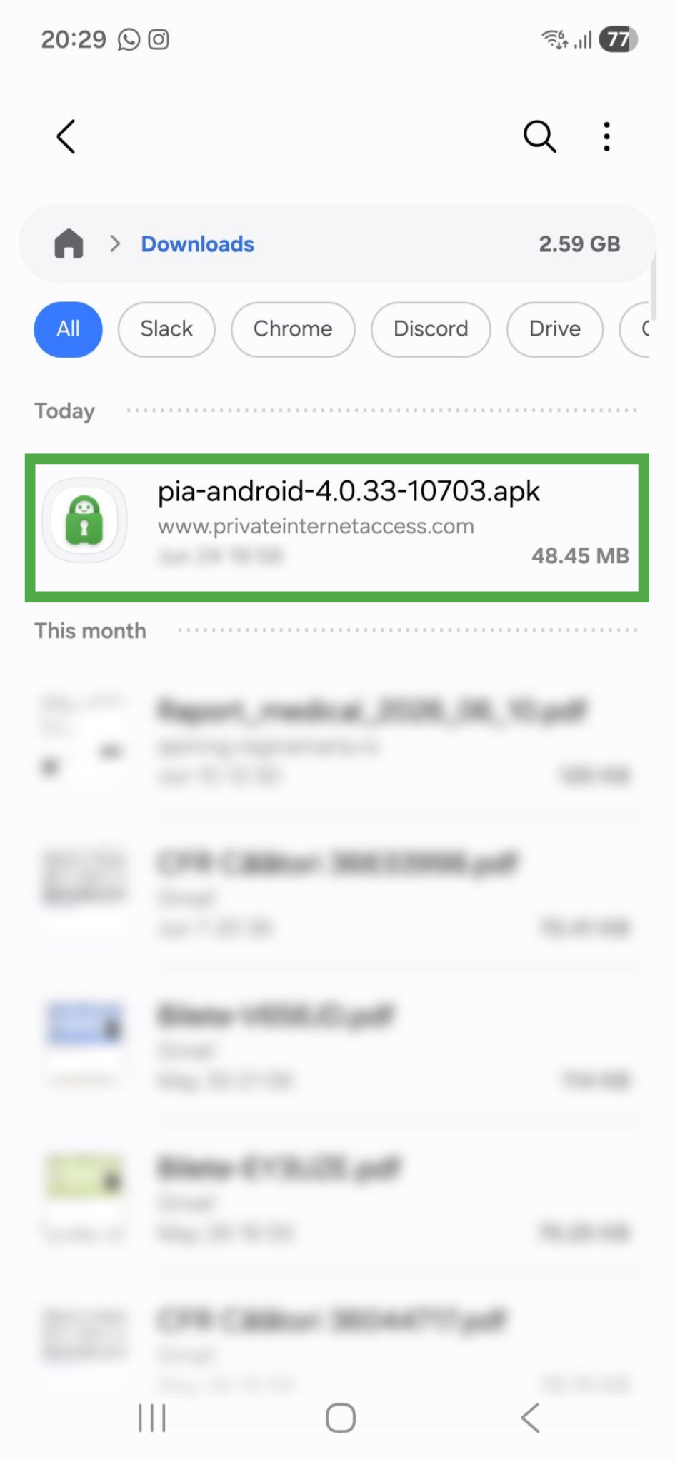 Recent downloads in the My Files app on Android. The Private Internet Access APK app is highlighted.