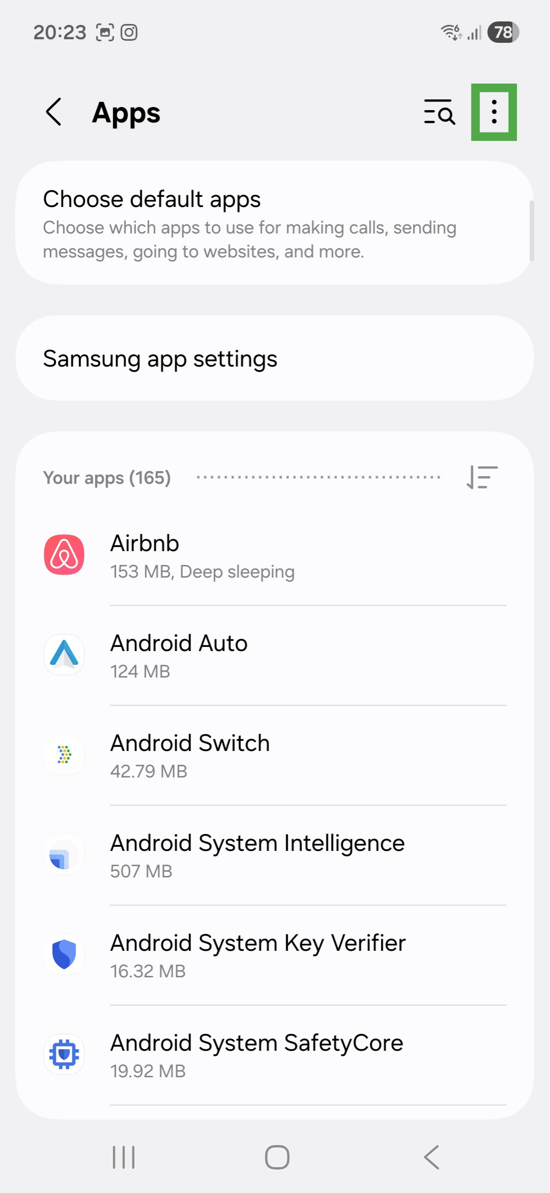 Apps page on Android, showing a highlighted three-dot menu icon.