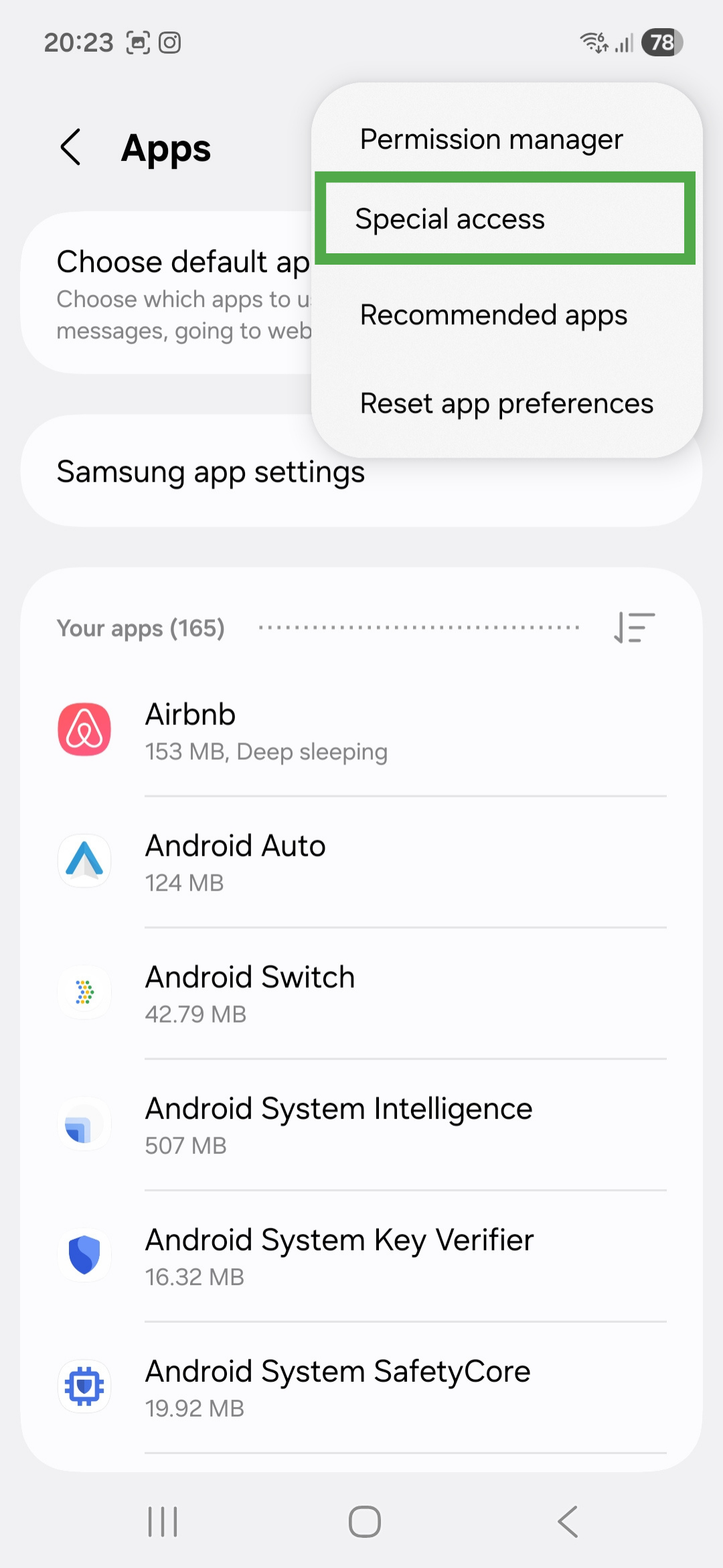 Apps page on Android, showing additional settings and a highlighted "Special access" option.