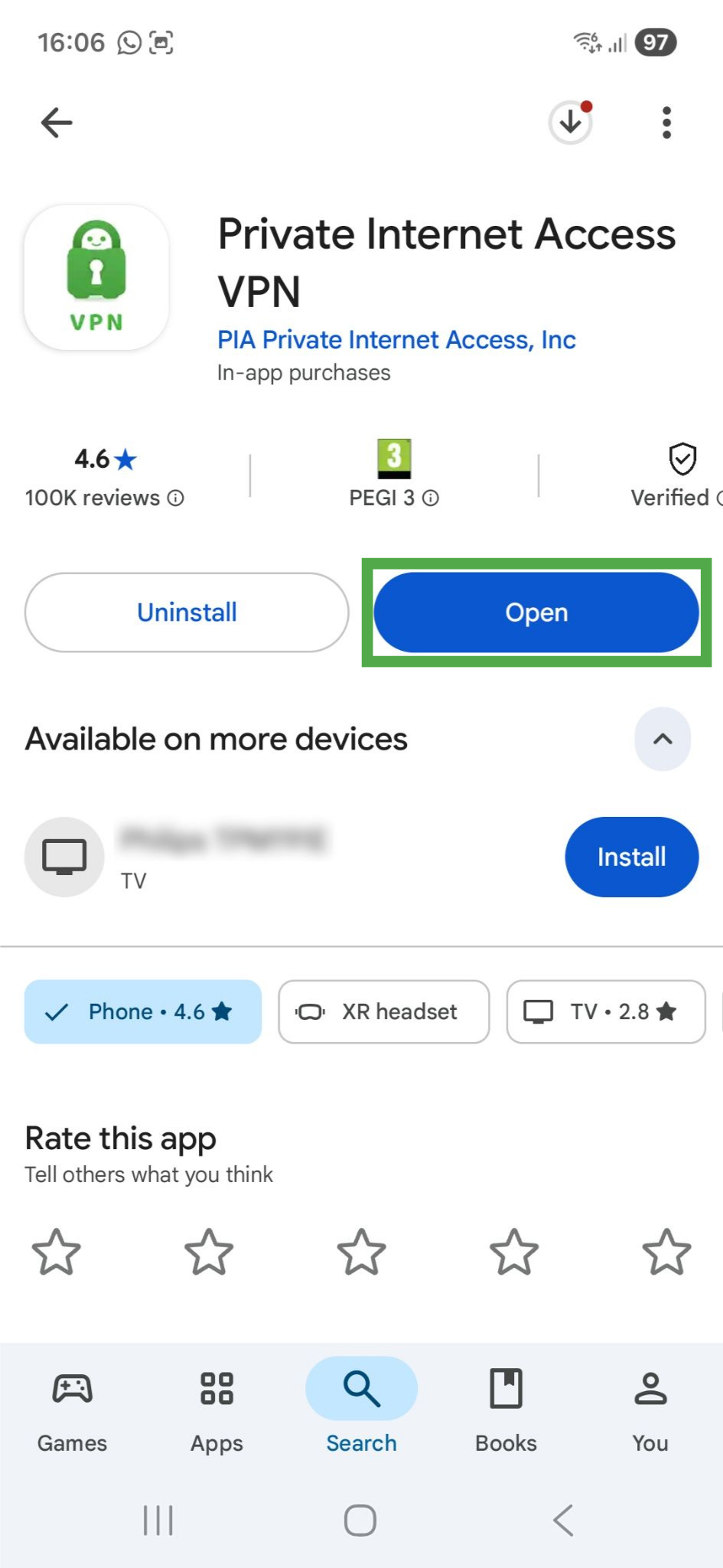 Private Internet Access Google Play Store page, showing a highlighted "Open" button.