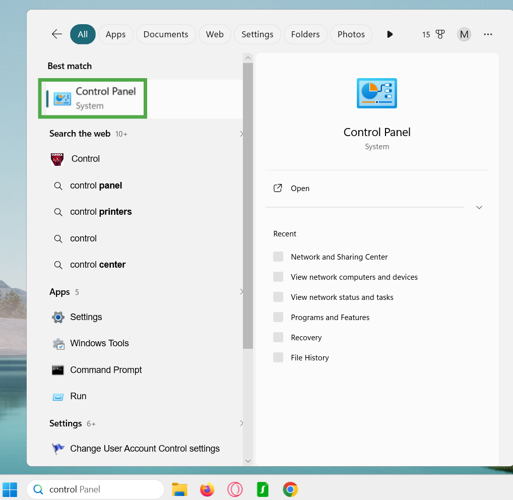 Windows 11 showing the "Control Panel" app highlighted.