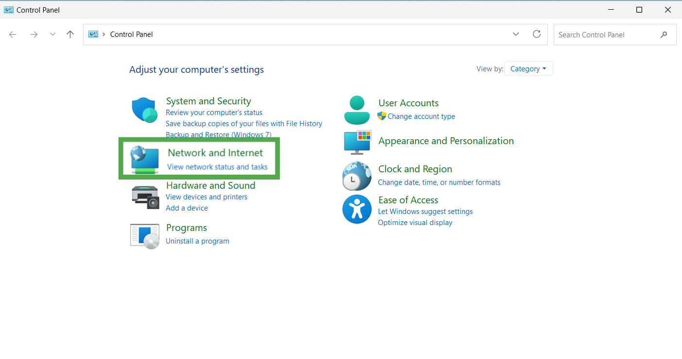 Windows 11 Control Panel showing the "Network and Internet" option highlighted.