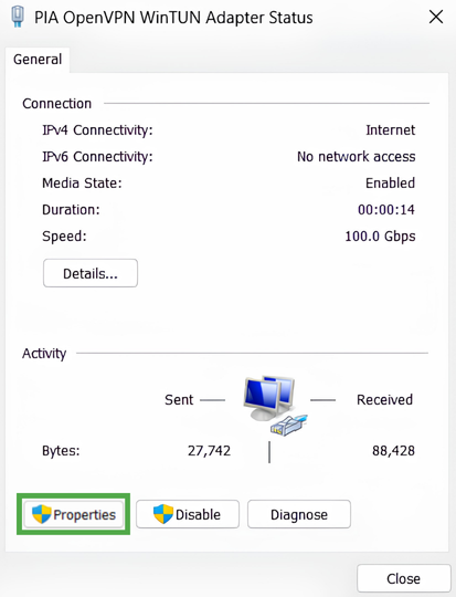PIA VPN connection settings showing the "Properties" option highlighted on Windows 11.
