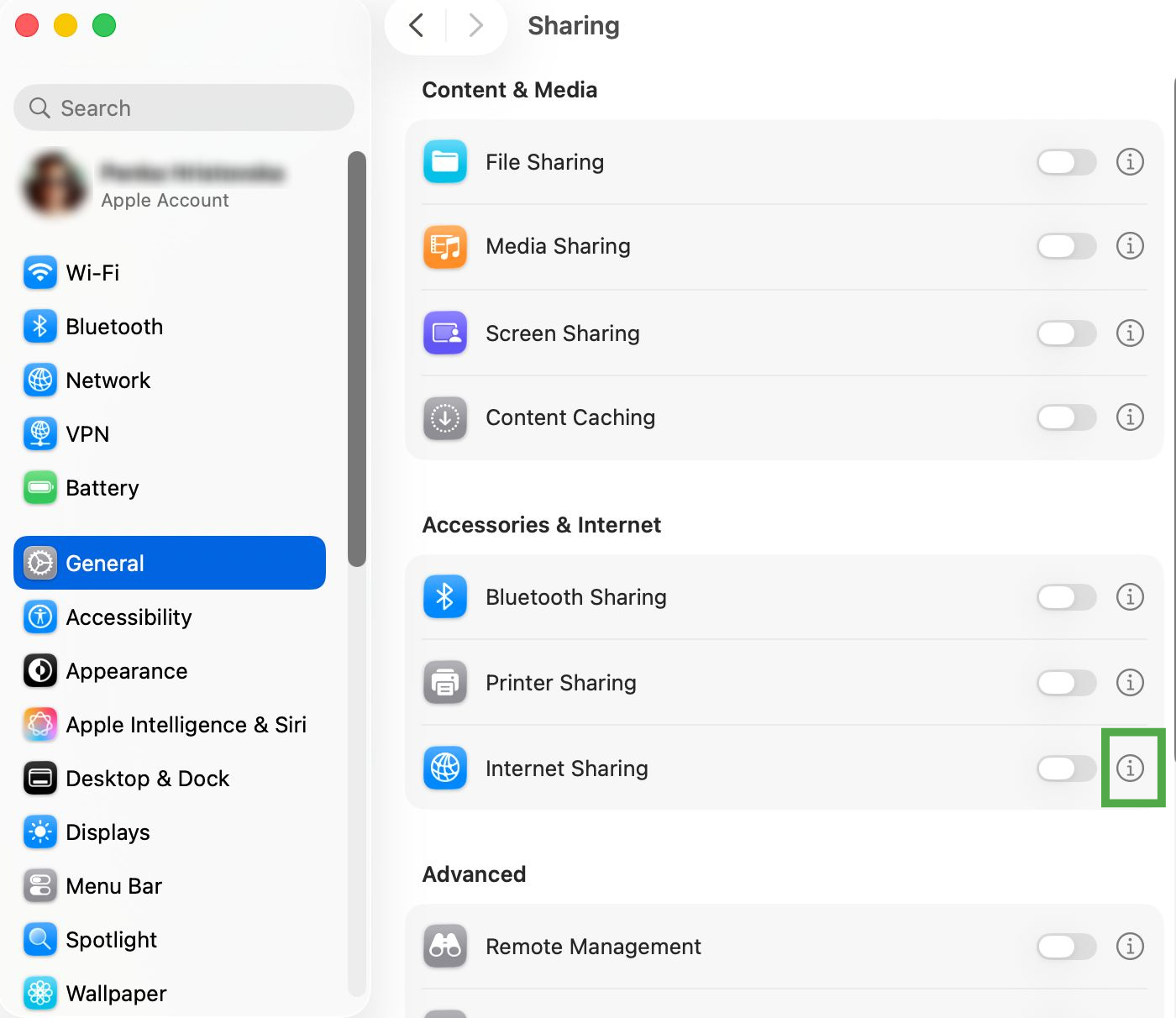 The Sharing screen on macOS, with a highlighted "i" next to "Internet Sharing."