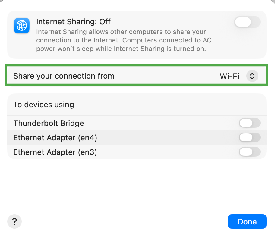 The "Share your connection from" option in Internet Sharing on macOS.