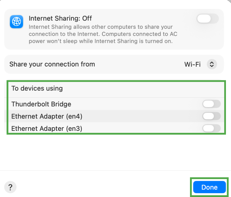 The "To devices using" option in Internet Sharing on macOS.