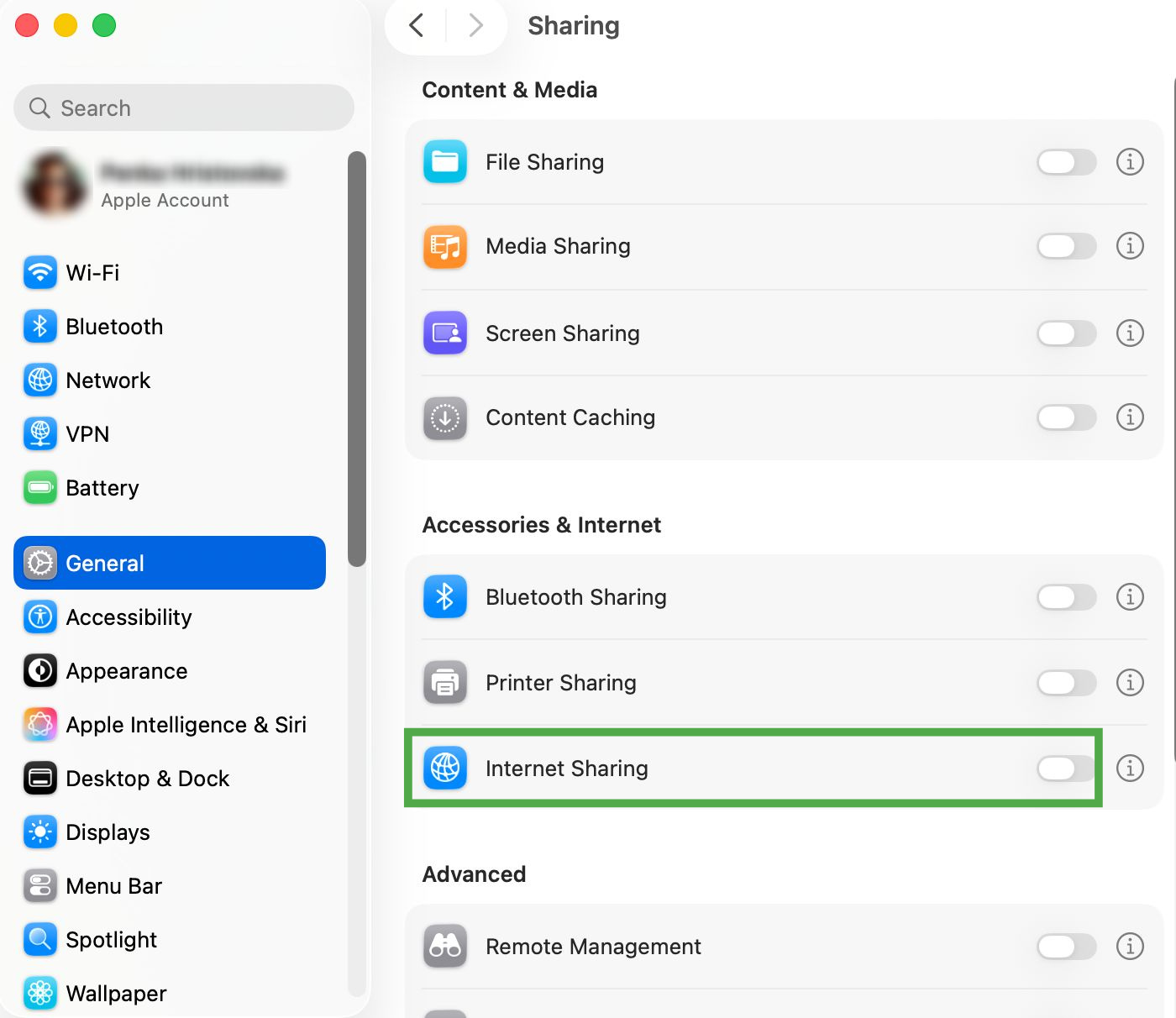 The "Internet Sharing" toggle on macOS in General settings.