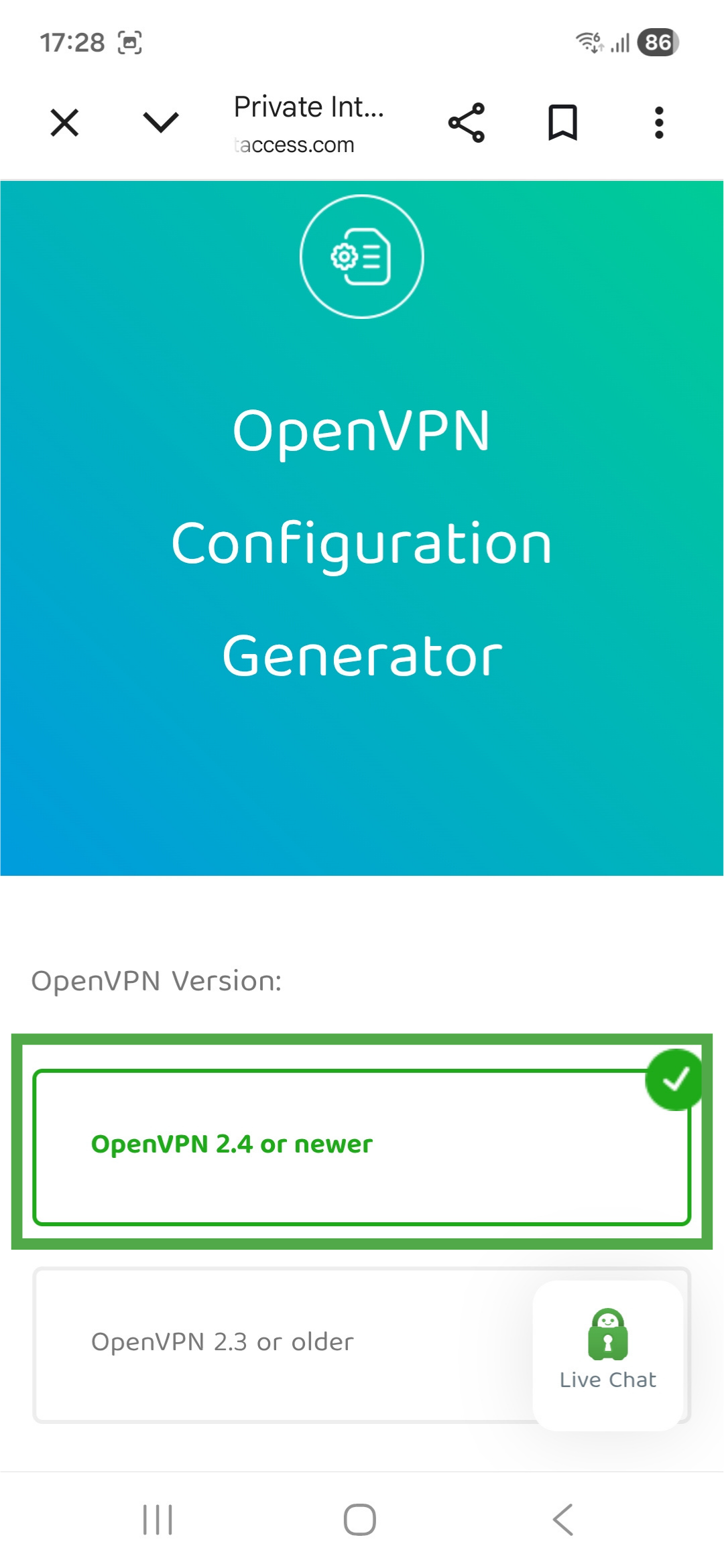 Private Internet Access OpenVPN Configuration Generator page on Android, showing OpenVPN version options. The "OpenVPN 2.4 or newer" option is highlighted.