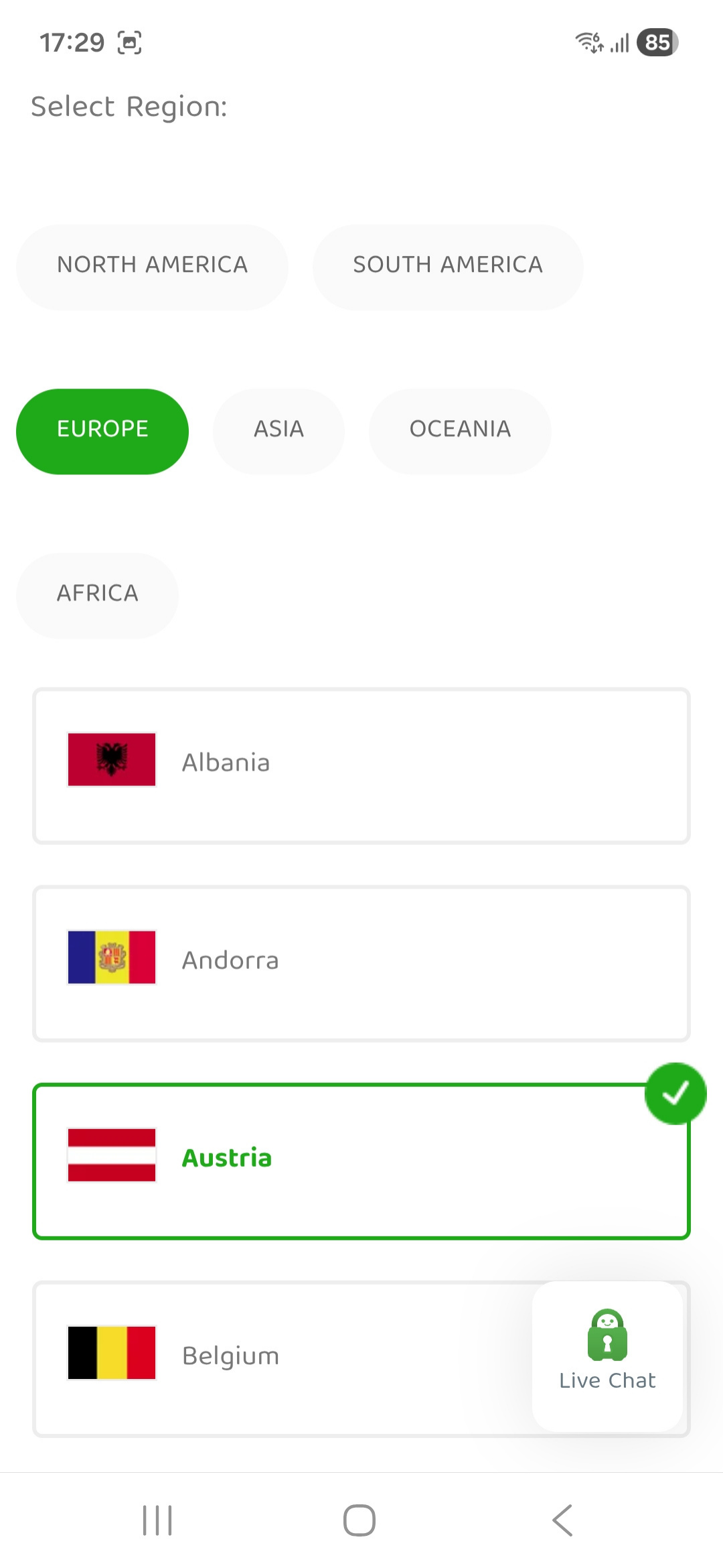 Private Internet Access OpenVPN Configuration Generator page on Android, showing available regions and countries.