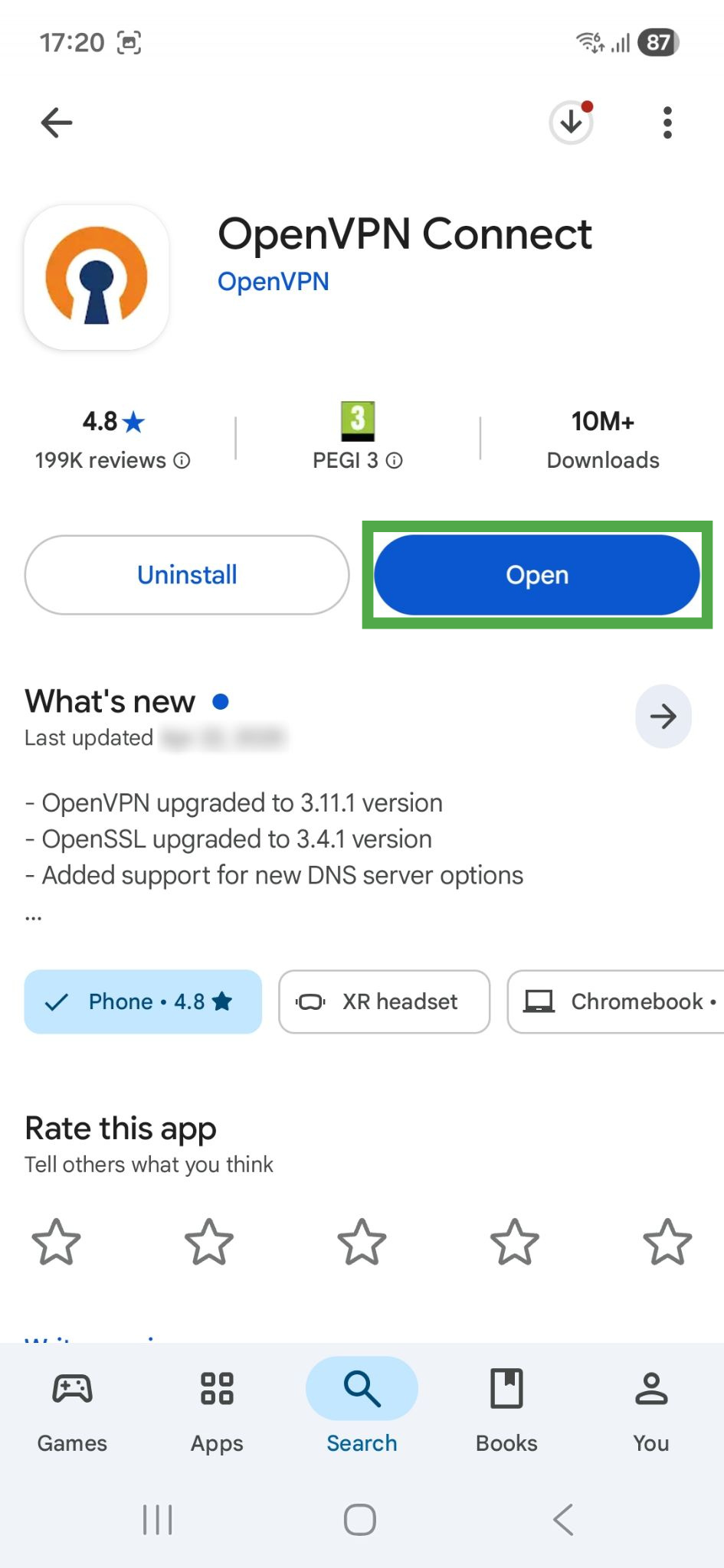 OpenVPN Connect Google Play Store page on Android, showing a highlighted "Open" button.