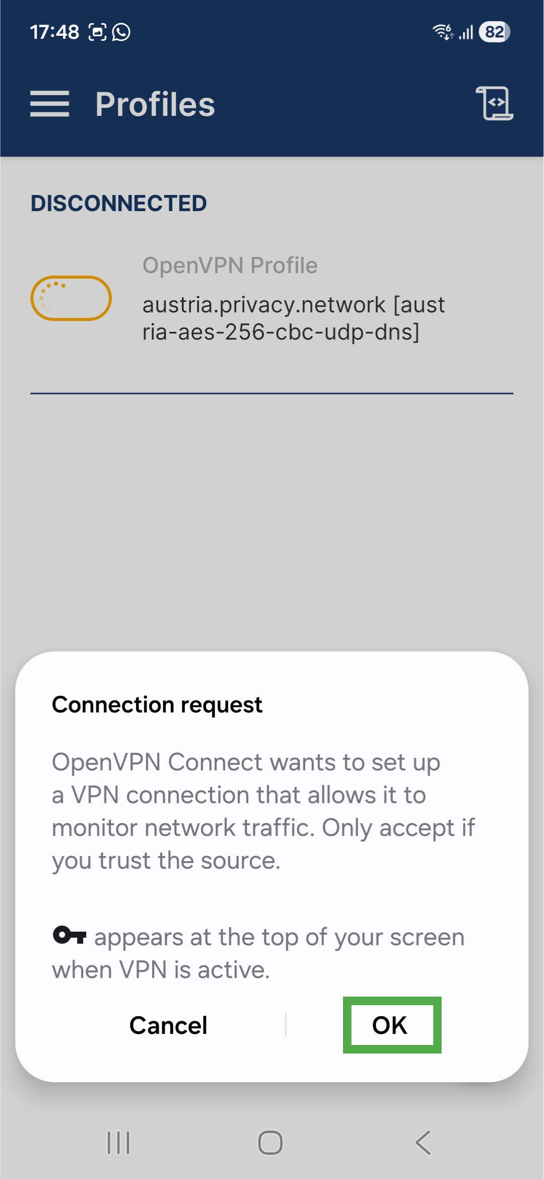 OpenVPN Connect app interface on Android, showing a permission request for managing VPN connections. The "OK" button is highlighted.
