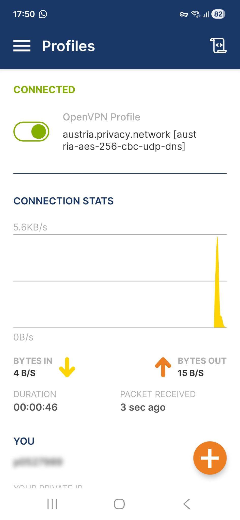 OpenVPN Connect app interface on Android, showing an active VPN connection.