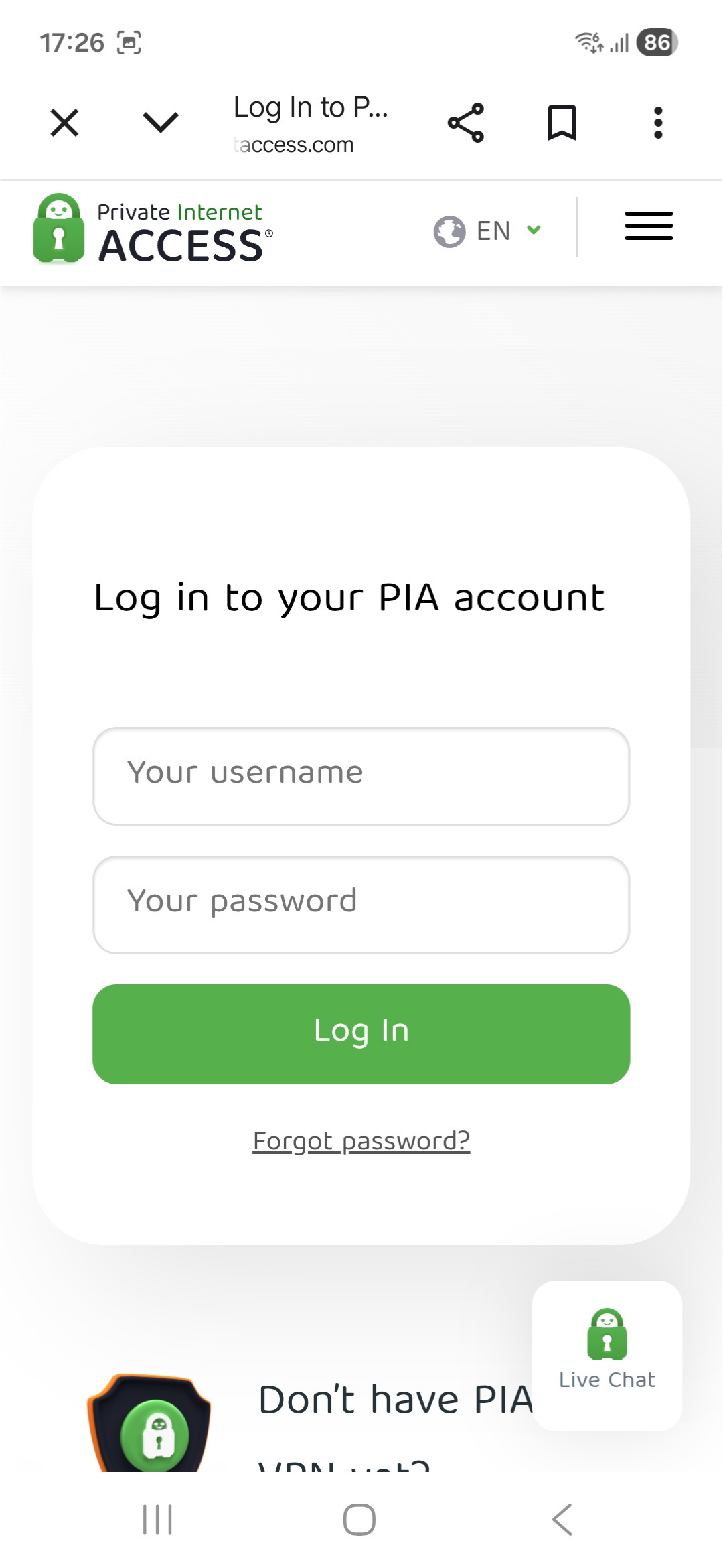 Private Internet Access account login window on Chrome on an Android phone.