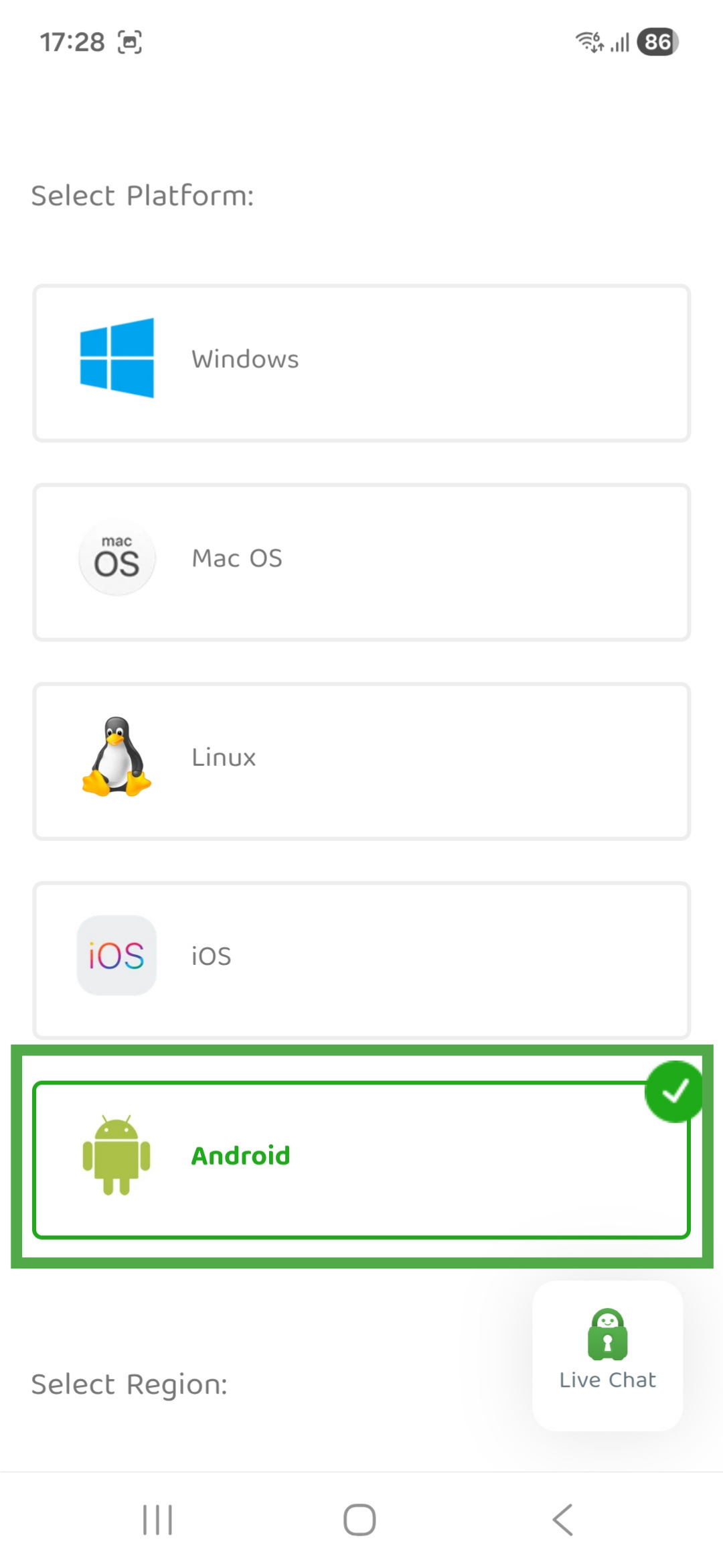 Private Internet Access OpenVPN Configuration Generator page on Android, showing platform options. The "Android" option is highlighted.