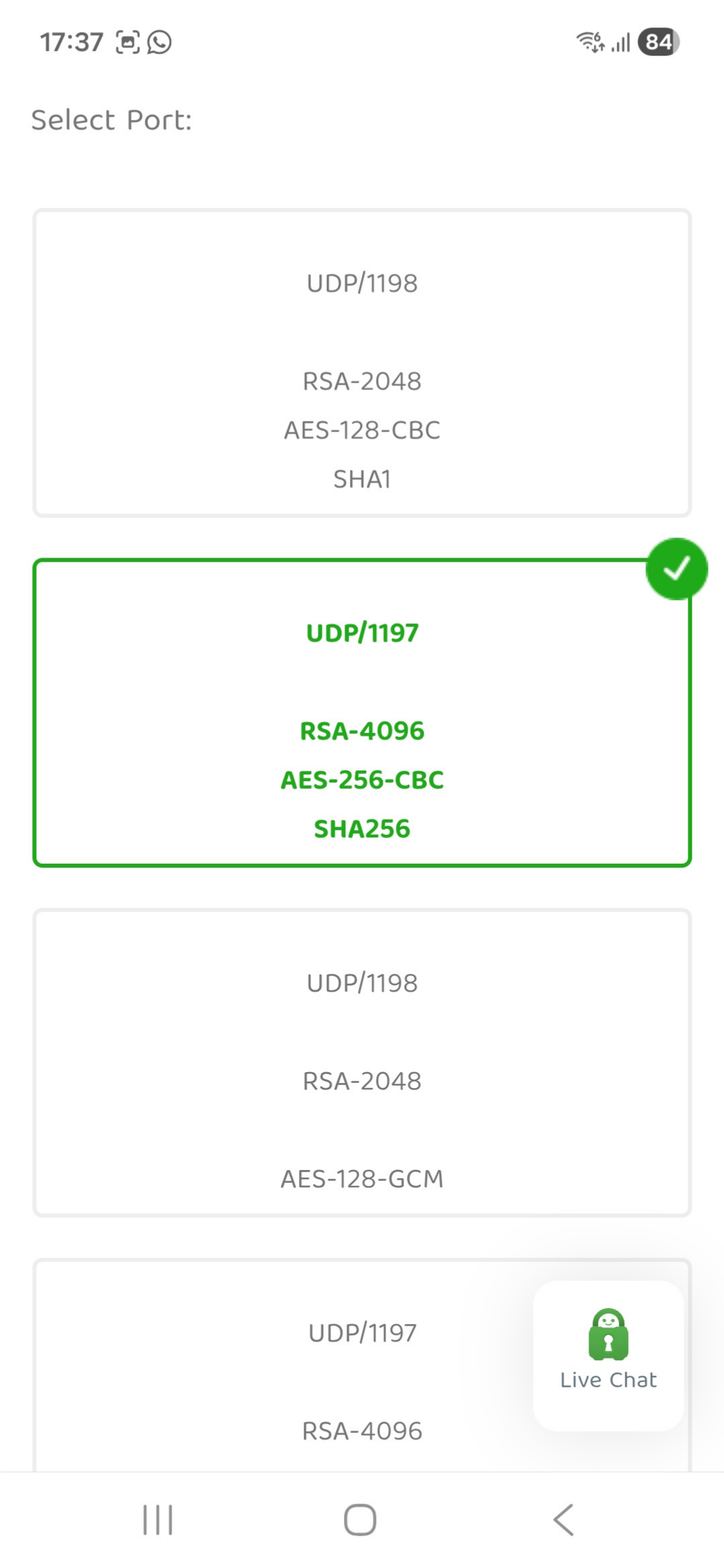 Private Internet Access OpenVPN Configuration Generator page on Android, showing port, communication protocol, and encryption cipher options.