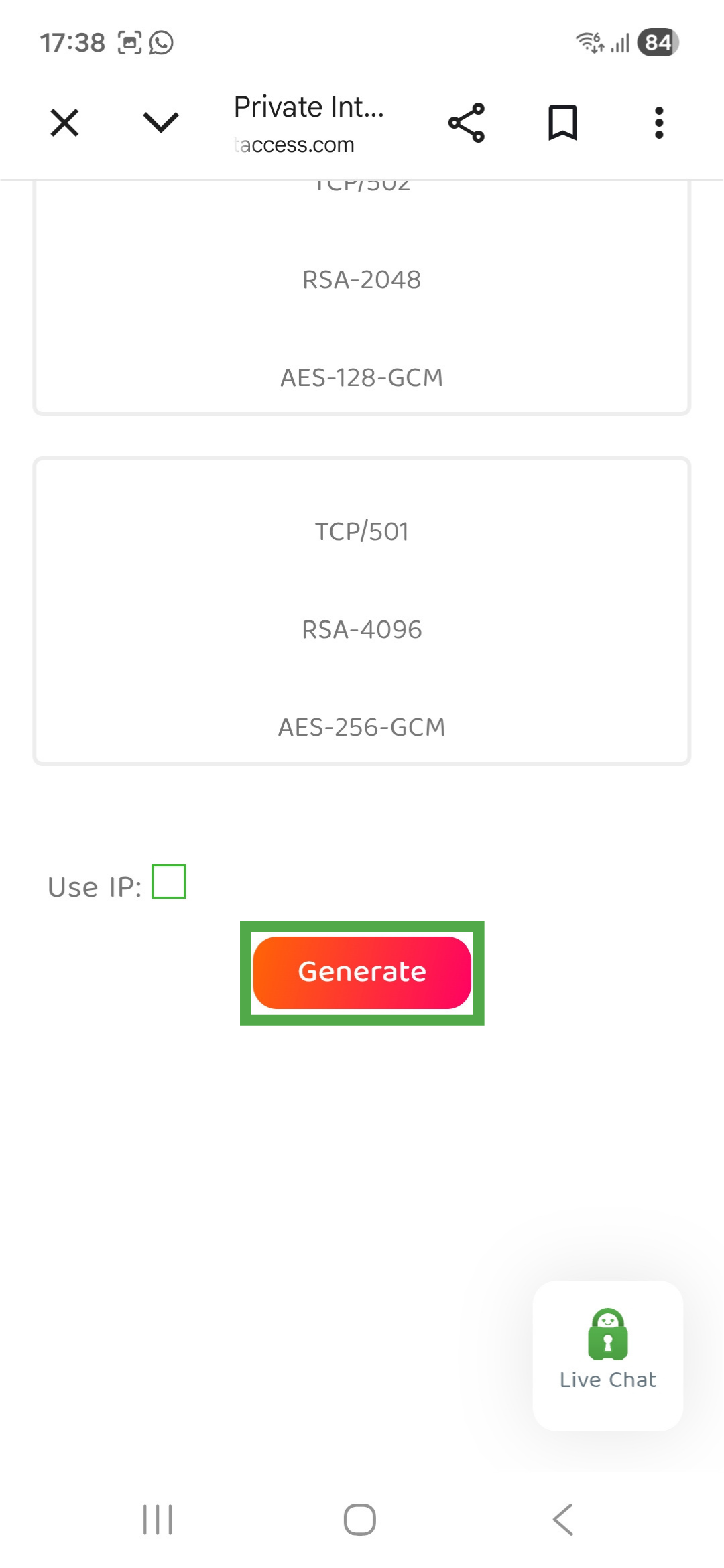 Private Internet Access OpenVPN Configuration Generator page on Android. The "Generate" button is highlighted.