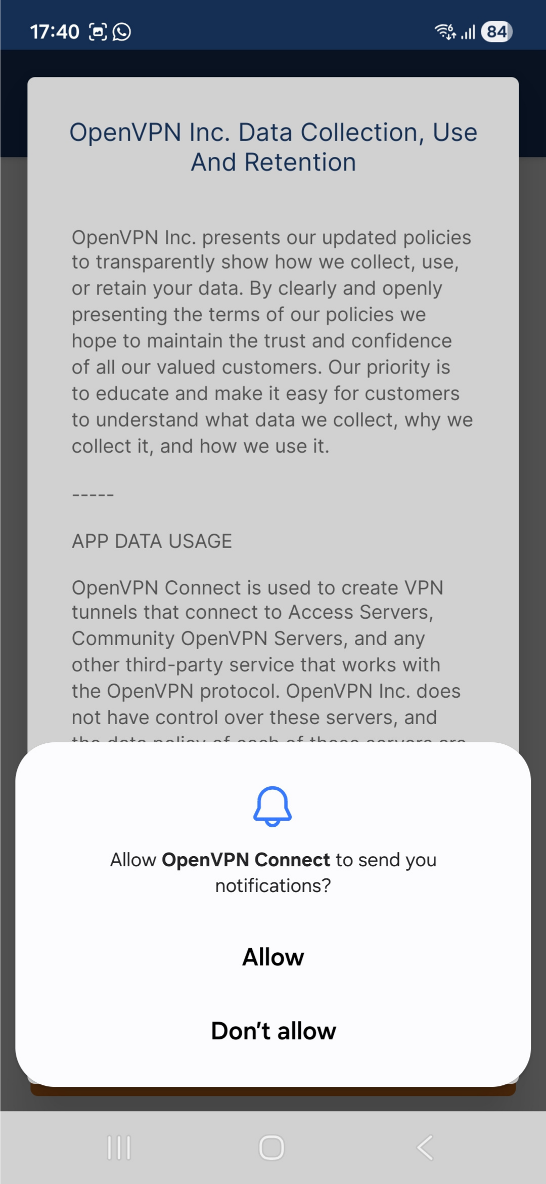OpenVPN Connect app interface on Android, showing a notification prompt.