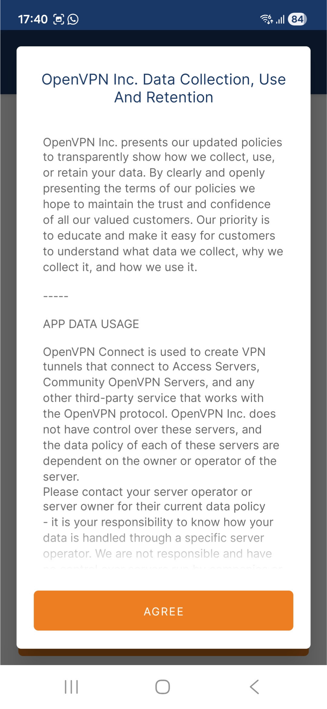 OpenVPN Connect app interface on Android, showing the data collection, use, and retention policy.