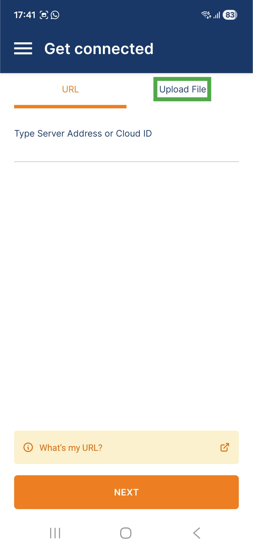 OpenVPN Connect app interface on Android, showing the "URL" tab.