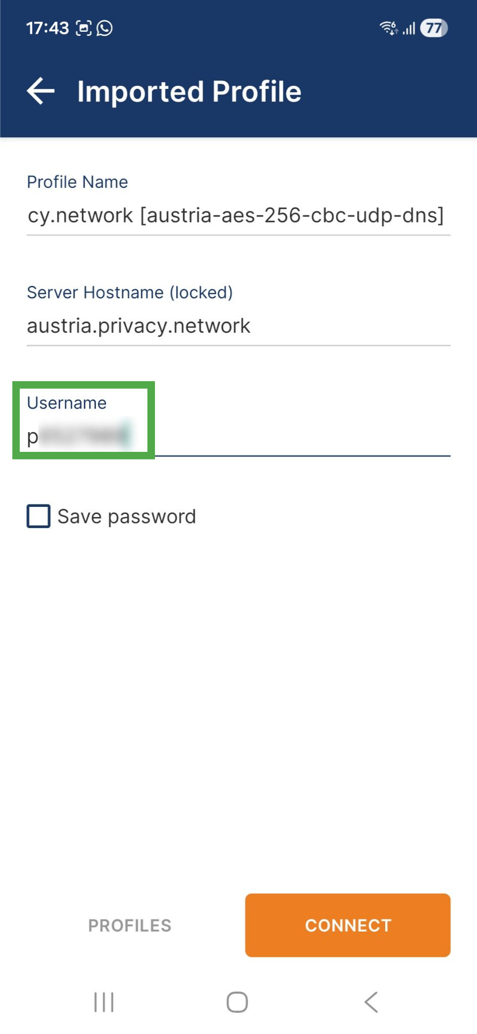OpenVPN Connect app interface on Android, showing the profile import menu. The "Username" field is highlighted.
