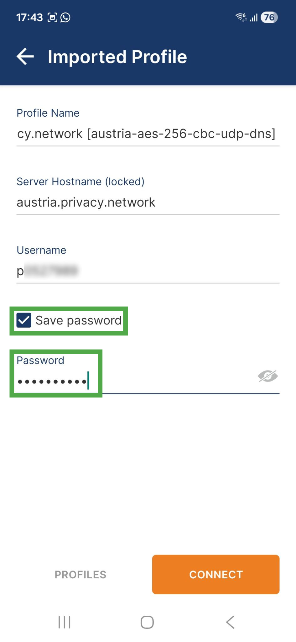 OpenVPN Connect app interface on Android, showing the profile import menu. The "Save password" option and "Password" field are highlighted.