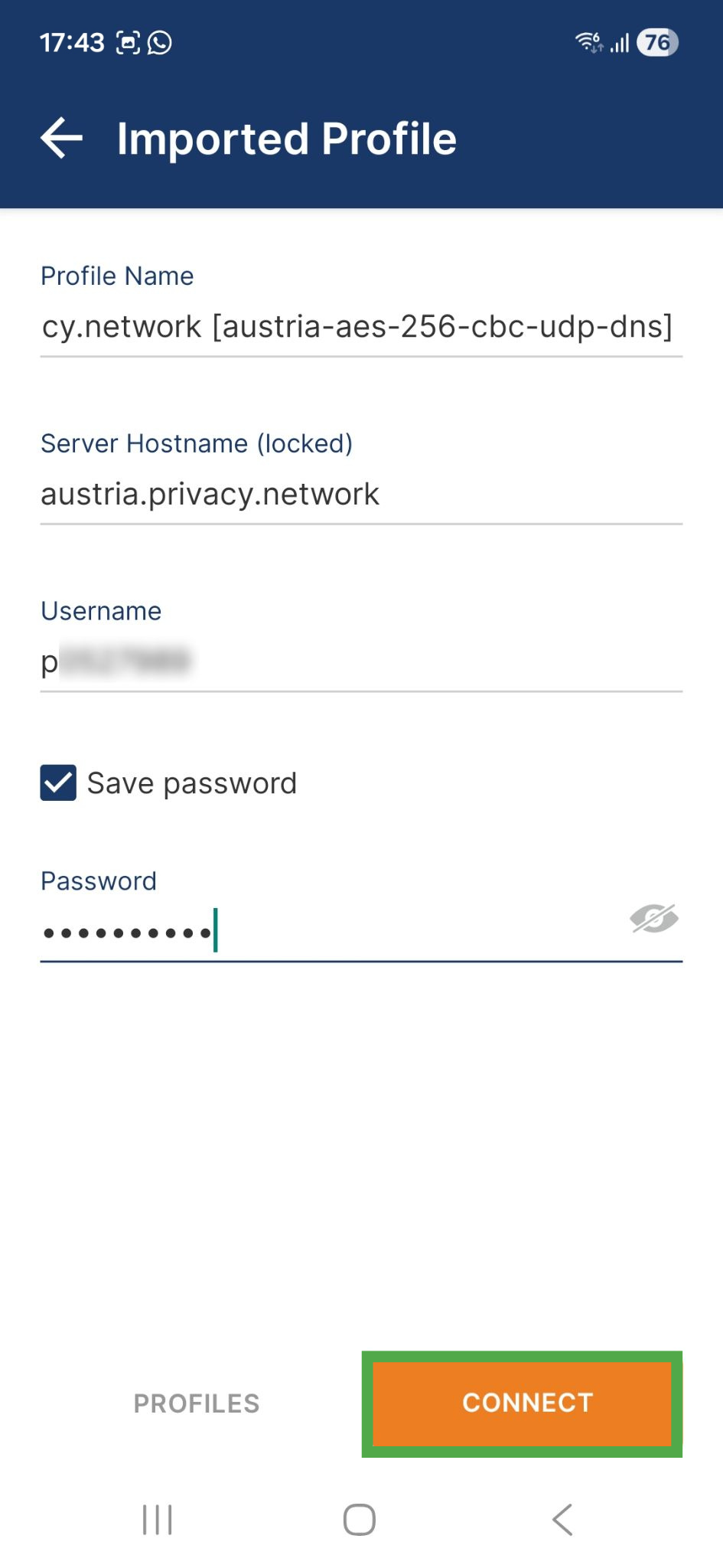 OpenVPN Connect app interface on Android, showing the profile import menu. The "CONNECT" button is highlighted.