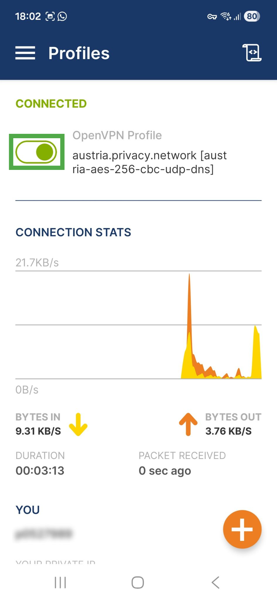 OpenVPN Connect app interface on Android, showing an active VPN connection. The on and off toggle for the VPN profile is highlighted.
